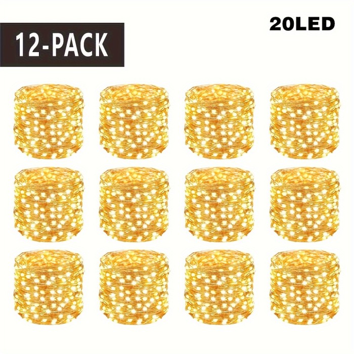 12-Pack LED Fairy Lights – 20 Warm White LEDs on Flexible Silver Wire – Waterproof & Battery-Operated – Ideal for Wedding, Party, Bedroom & Holiday Decorations like Christmas, Thanksgiving & Valentine's