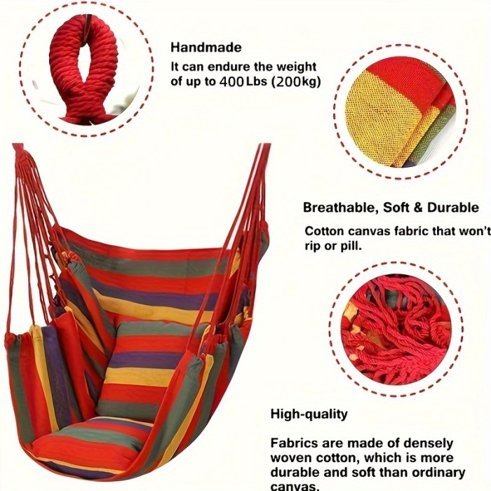 1pc Comfortable Canvas Hammock Chair with Cushion and Pillow - Durable Indoor\u002FOutdoor Swing Seat for Garden, Patio, Camping, Home Relaxation