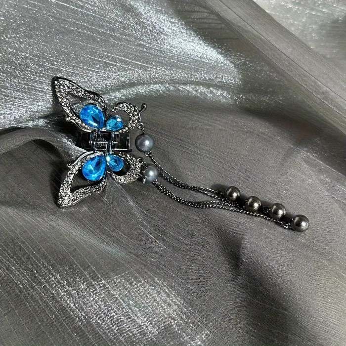 1pc Elegant Bling Bling Rhinestone Butterfly Tassel Hair Clip, Vintage Hair Accessory For Women, Suitable For Daily Use & Festive Parties