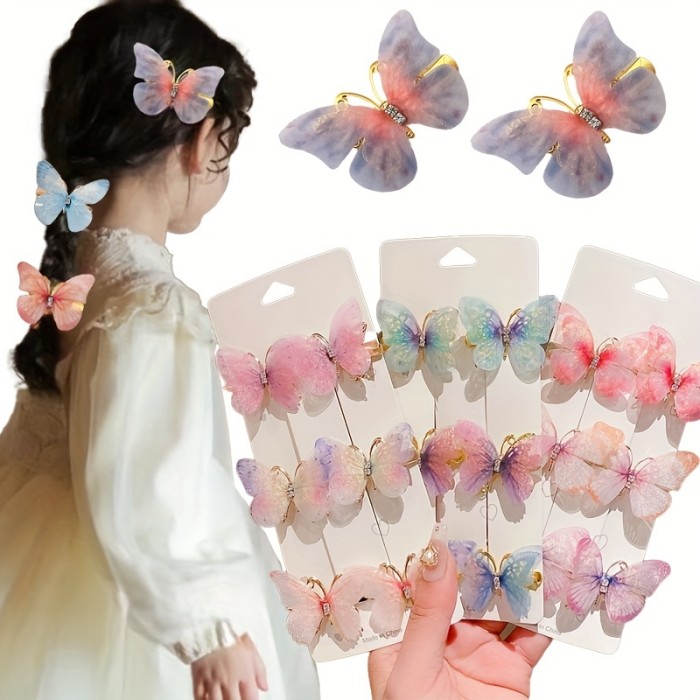 6pcs Set - Sparkling Butterfly Rhinestone Hair Clips - Gradient Color, Fashionable Design - Perfect Girls Hair Accessories for Everyday Glam or Special Occasions