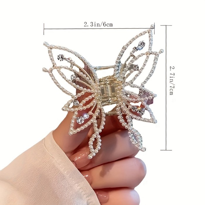 1pc Radiant Pearl Rhinestone Butterfly Hair Claw Clip - Dazzling Accent for Girls Styling - Secure Hold & Versatile Design