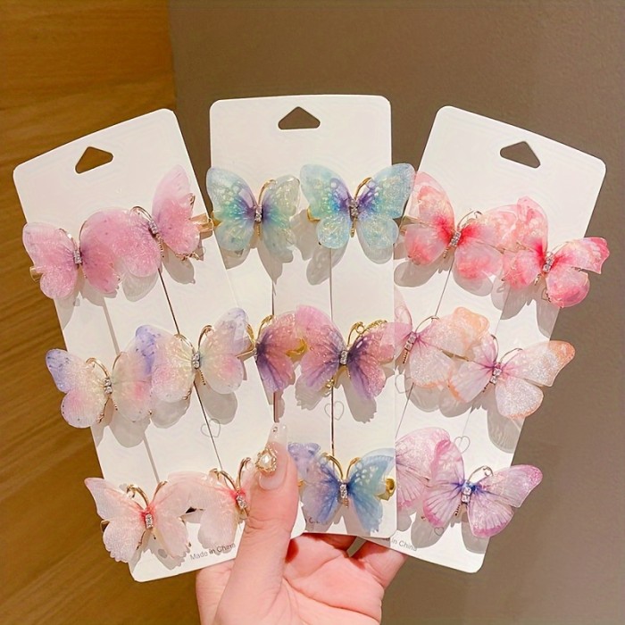 6pcs Set - Sparkling Butterfly Rhinestone Hair Clips - Gradient Color, Fashionable Design - Perfect Girls Hair Accessories for Everyday Glam or Special Occasions