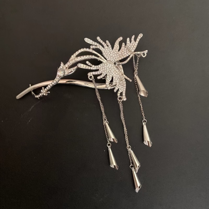 Elegant Butterfly Rhinestone Hair Clip With Tassel - Zinc Alloy, Chinese Style, Perfect For Women'S Daily & Festival Wear