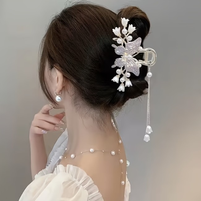 1pc Butterfly Tassel Hair Clips, Flower Rhinestone Hair Clip, Suitable For Girls Daily Use
