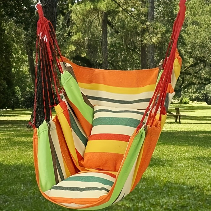 1pc Comfortable Canvas Hammock Chair with Cushion and Pillow - Durable Indoor\u002FOutdoor Swing Seat for Garden, Patio, Camping, Home Relaxation