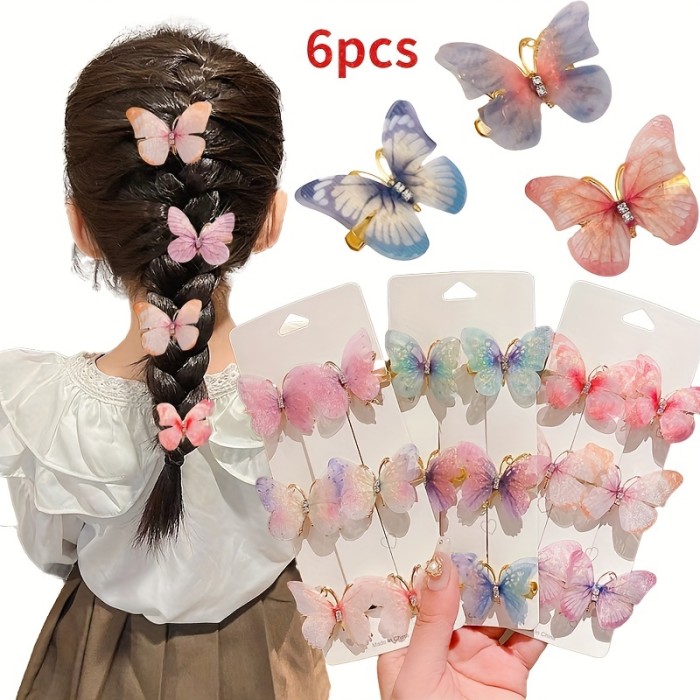 6pcs Set - Sparkling Butterfly Rhinestone Hair Clips - Gradient Color, Fashionable Design - Perfect Girls Hair Accessories for Everyday Glam or Special Occasions