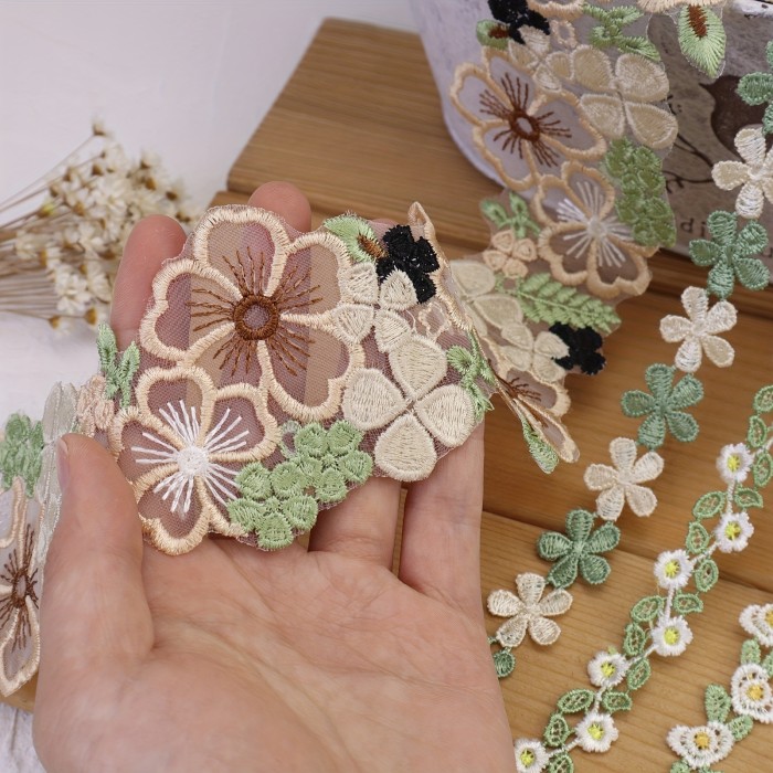 1 Yard - Exquisite Flower Embroidered Lace Trim - Premium Ribbon for Sewing, Crafts & Dress Accentuation - Delicate Floral Edge Design