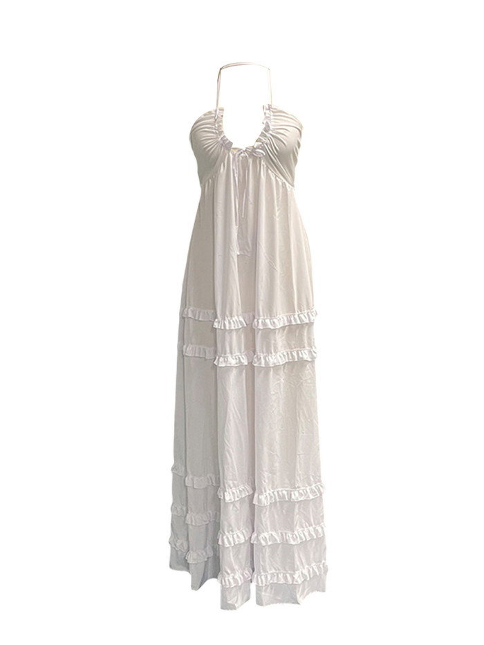 Women Halter  Elegant Ruffles Drawstring Flowy Party Low Cut Tie Back Sleeveless Dress