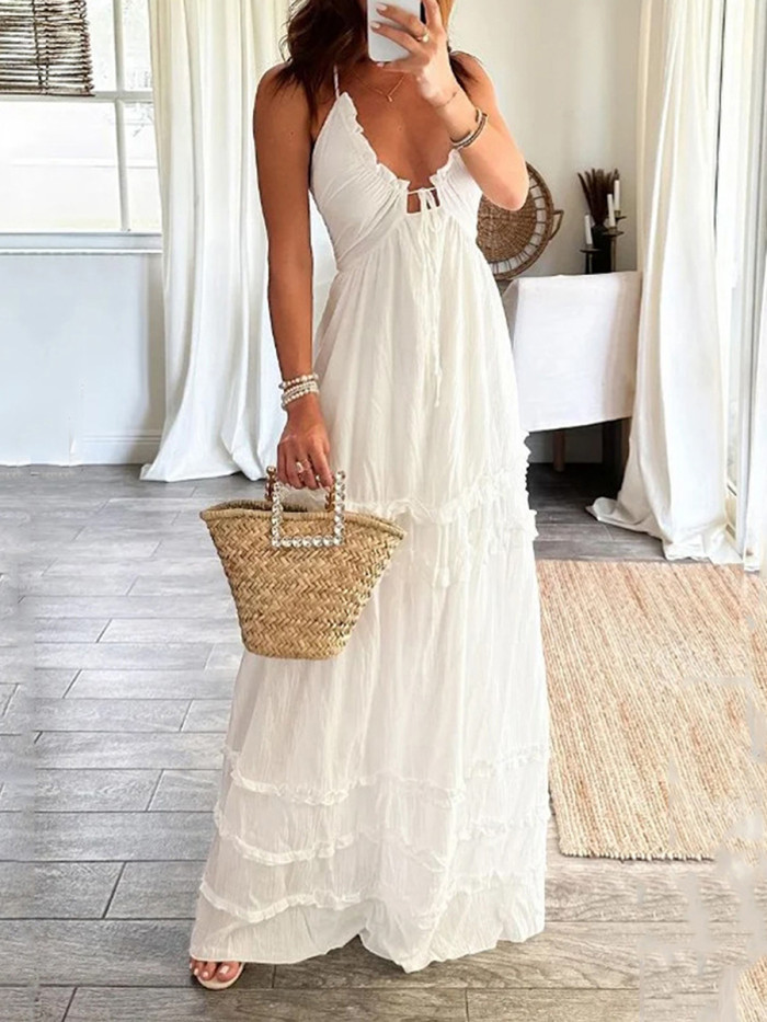 Women Halter  Elegant Ruffles Drawstring Flowy Party Low Cut Tie Back Sleeveless Dress