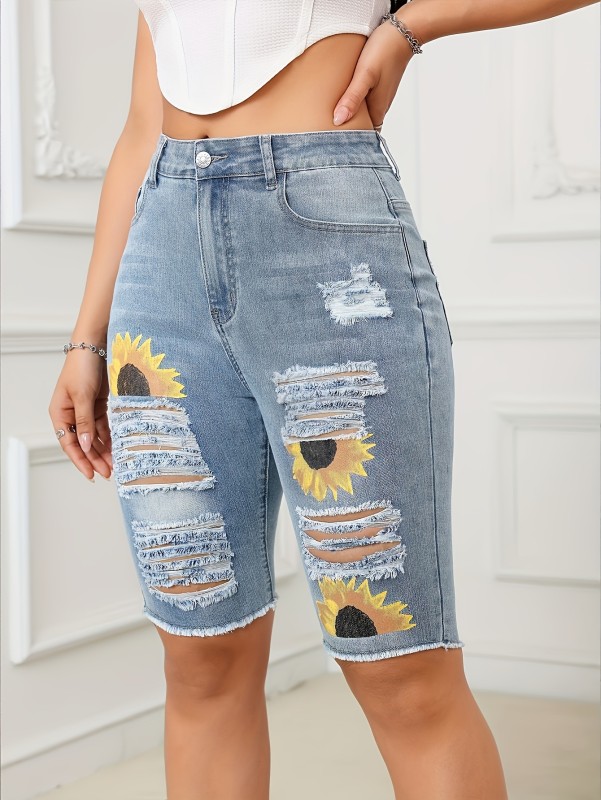 Sunflower Print Ripped Raw Hem Distressed Slim Fit Bermuda Slash Pocket Denim Shorts Jorts, Women's Denim Jeans & Clothing