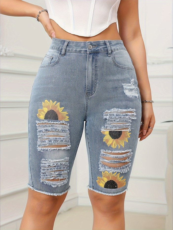 Sunflower Print Ripped Raw Hem Distressed Slim Fit Bermuda Slash Pocket Denim Shorts Jorts, Women's Denim Jeans & Clothing