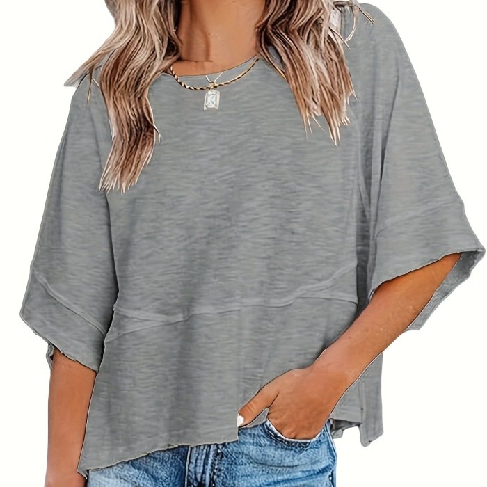 Solid Crew Neck Loose Basic T-shirt, Casual Half Sleeve Spring And Summer T-Shirt, Women's Clothing