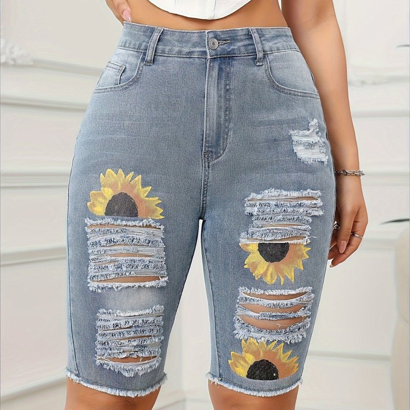 Sunflower Print Ripped Raw Hem Distressed Slim Fit Bermuda Slash Pocket Denim Shorts Jorts, Women's Denim Jeans & Clothing