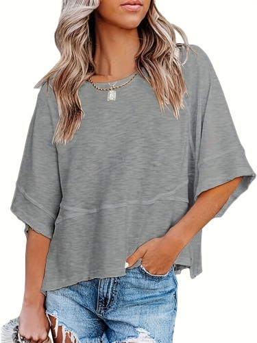 Solid Crew Neck Loose Basic T-shirt, Casual Half Sleeve Spring And Summer T-Shirt, Women's Clothing