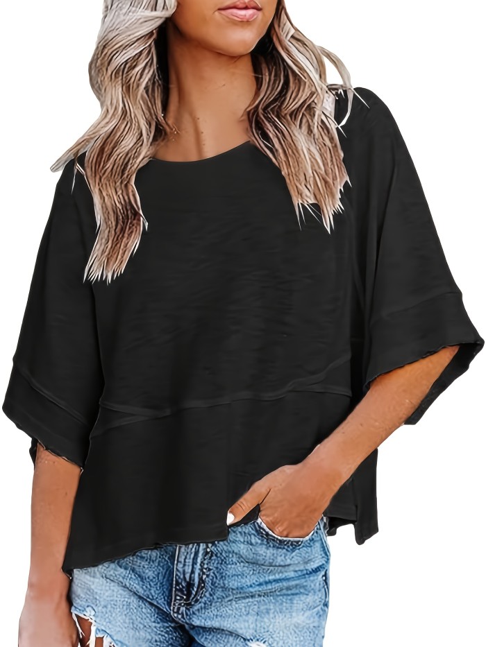 Solid Crew Neck Loose Basic T-shirt, Casual Half Sleeve Spring And Summer T-Shirt, Women's Clothing