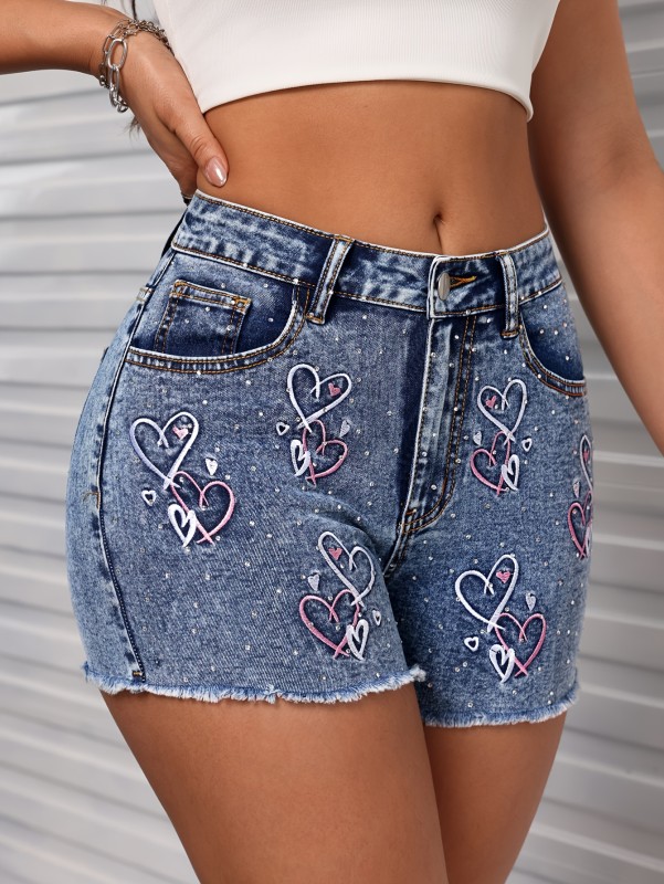 Heart Rhinestone Raw Hem Y2K Cute Distressed Slash Pocket Denim Shorts, Women's Denim Jeans & Clothing