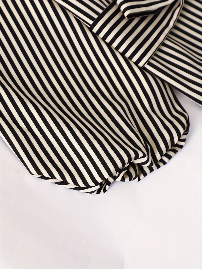 Striped Print V Neck Shirt, Casual Long Sleeve Skinny Tie Front Shirt For Fall, Women's Clothing