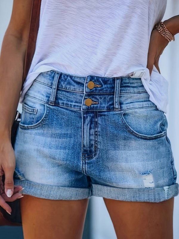 High Stretch Ripped Denim Shorts - Distressed, Rolled Hem, Double Button, Solid Color, Casual Style Shorts for Women - Perfect for Summer