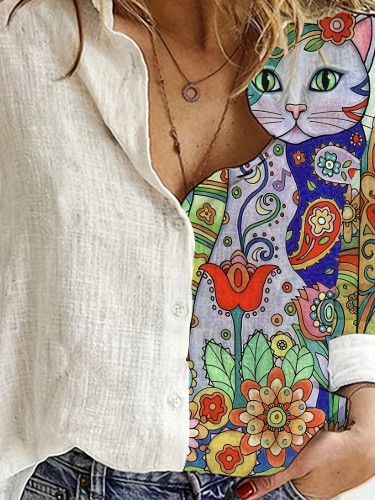 Cat & Floral Print Button Up Shirt, Casual Long Sleeve Collared Shirt For Spring & Fall, Women's Clothing