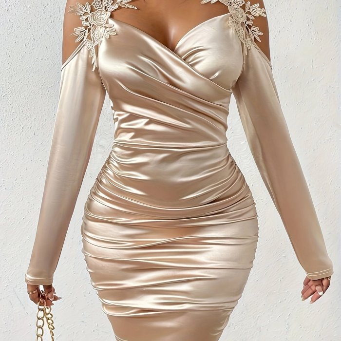 Vibrant Solid Color Polyester Bodycon Dress - Strapless, V-Neck, Ruched, Elastic, Elegant Cold Shoulder Design - Perfect for Womens Formal Events and Parties