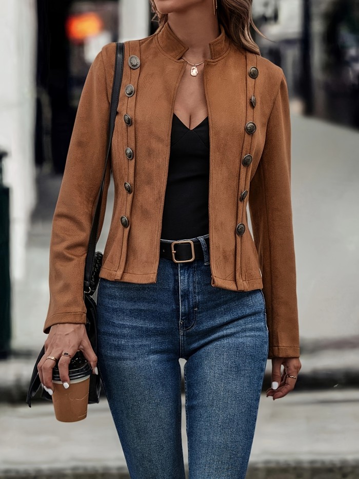 Women's Elegant Double-Breasted Jacket - Vintage Style Long Sleeve Outwear for Spring & Fall, Chic Transitional Wardrobe Essential