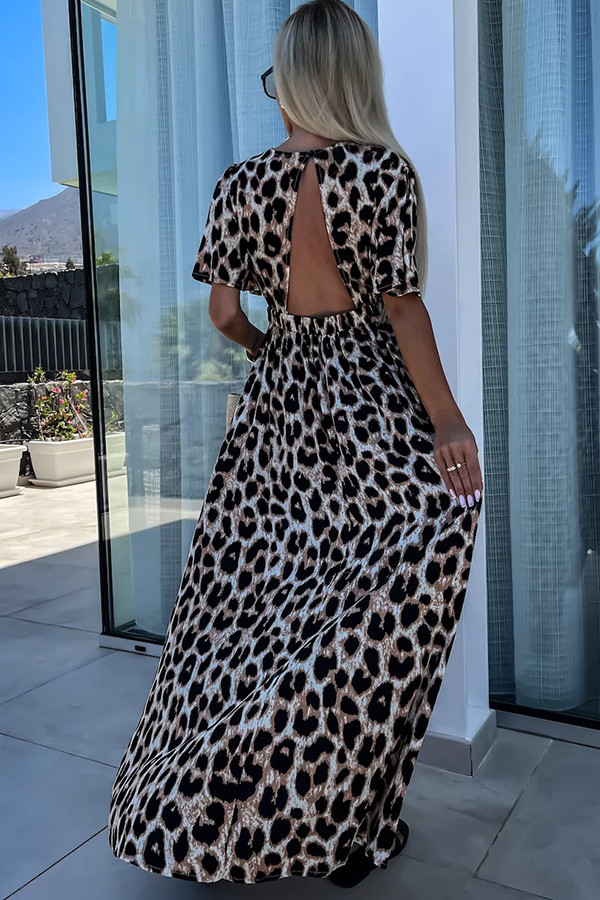 Leopard Print Short Sleeved V-neck Elasticated Waist Backless Slit Maxi Dress