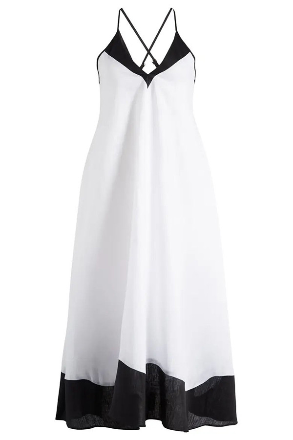 Stevie Linen Blend Color Block Cross Back Pocket A-line Midi Dress
