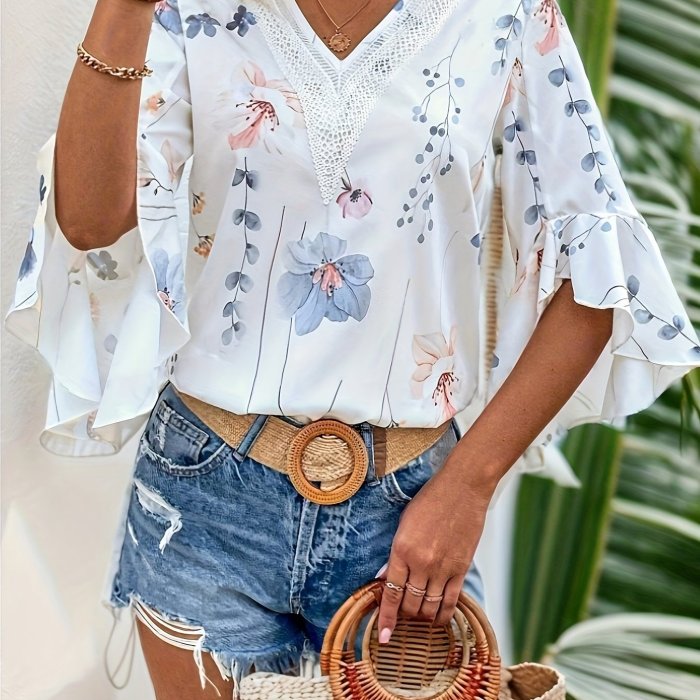 Floral Print V Neck Blouse, Elegant Bell Sleeve Loose Blouse For Daily Wear, Women's Clothing