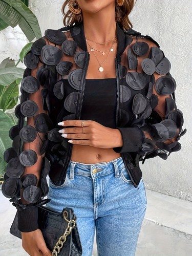 Charming Floral Applique Zippered Cropped Jacket - Fashionable Long Sleeve for Spring & Fall - Womens wardrobe Essential