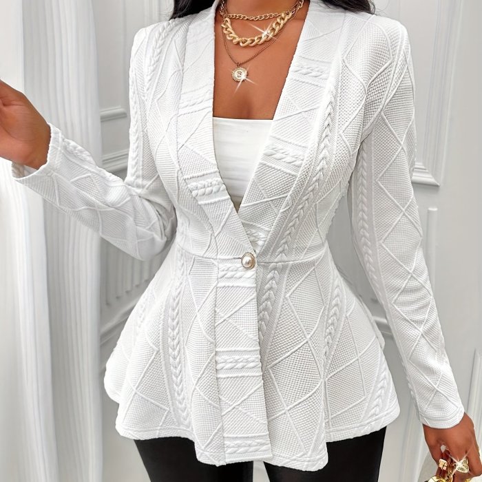 Chic Textured Jacket with Beaded Buttons - V-neck Elegance, Long Sleeves & Ruffled Hem - Perfect for Spring & Fall, Women's Fashion Essential