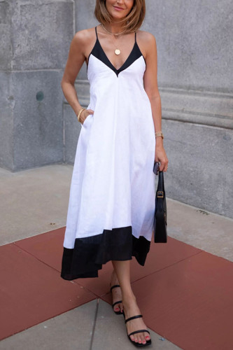 Stevie Linen Blend Color Block Cross Back Pocket A-line Midi Dress