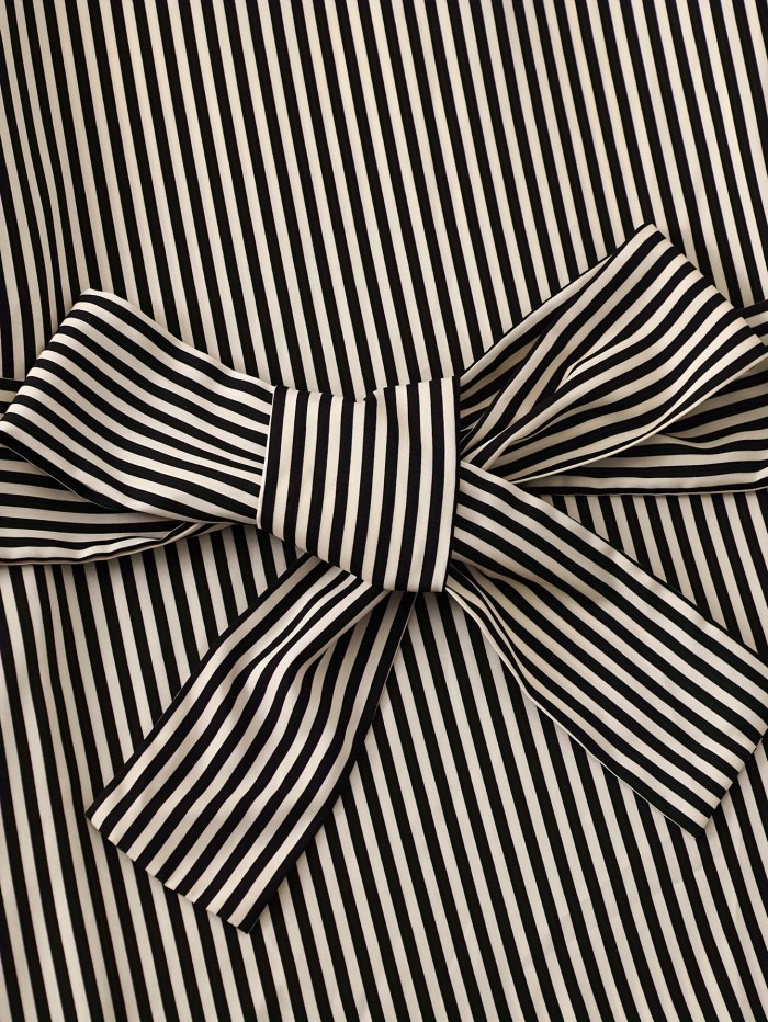 Striped Print V Neck Shirt, Casual Long Sleeve Skinny Tie Front Shirt For Fall, Women's Clothing