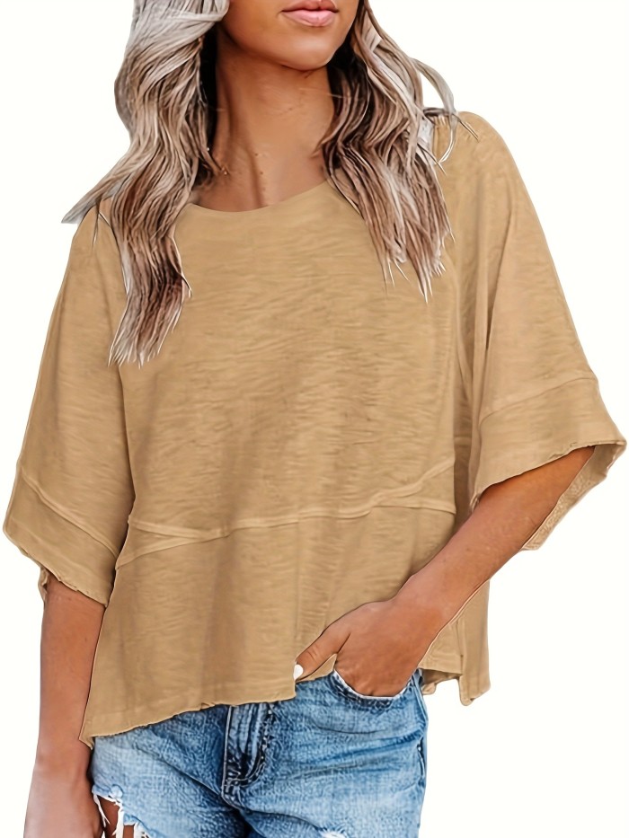 Solid Crew Neck Loose Basic T-shirt, Casual Half Sleeve Spring And Summer T-Shirt, Women's Clothing
