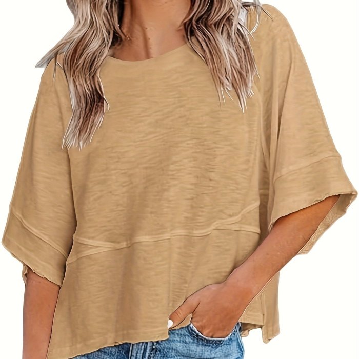 Solid Crew Neck Loose Basic T-shirt, Casual Half Sleeve Spring And Summer T-Shirt, Women's Clothing