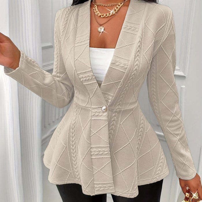 Chic Textured Jacket with Beaded Buttons - V-neck Elegance, Long Sleeves & Ruffled Hem - Perfect for Spring & Fall, Women's Fashion Essential