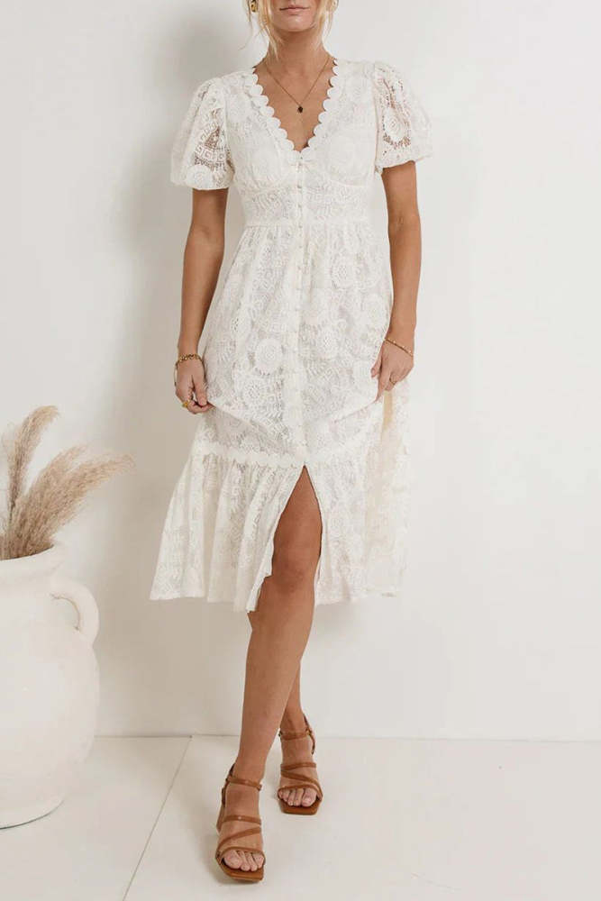 Casual Daily Solid Color Lace Buttons V Neck A Line Dresses(4 Colors)