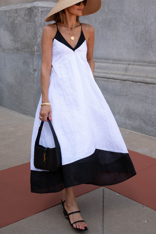 Stevie Linen Blend Color Block Cross Back Pocket A-line Midi Dress
