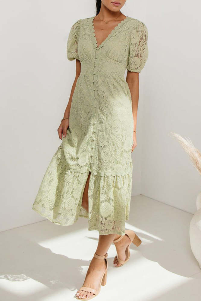 Casual Daily Solid Color Lace Buttons V Neck A Line Dresses(4 Colors)