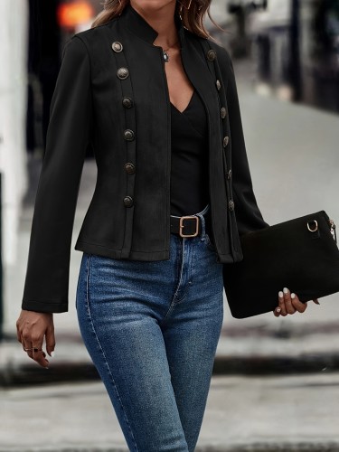 Women's Elegant Double-Breasted Jacket - Vintage Style Long Sleeve Outwear for Spring & Fall, Chic Transitional Wardrobe Essential