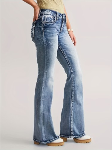 Embroidered Back Pocket Detail Whiskering Casual Flare Leg Jeans, Bootcut Denim Pants, Women's Denim Jeans & Clothing