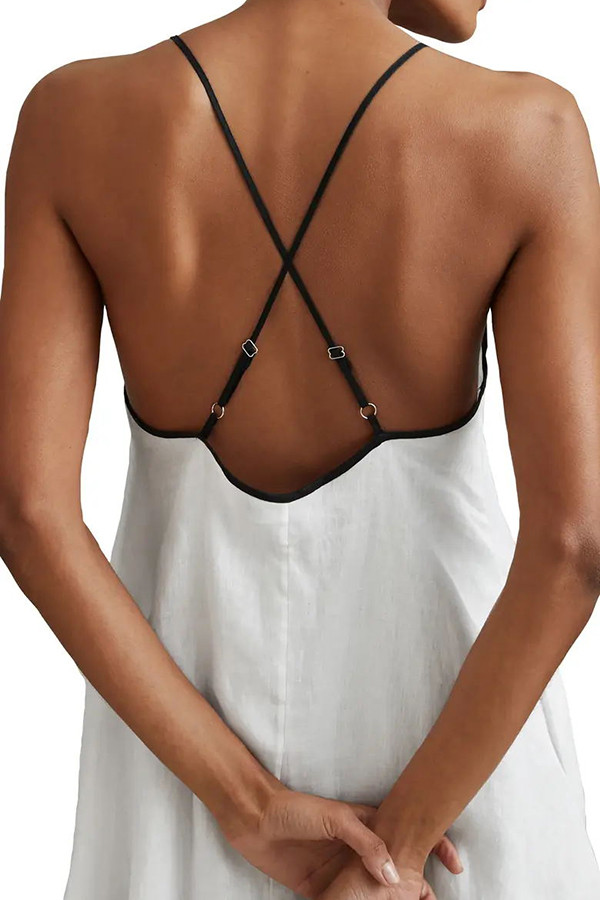 Stevie Linen Blend Color Block Cross Back Pocket A-line Midi Dress
