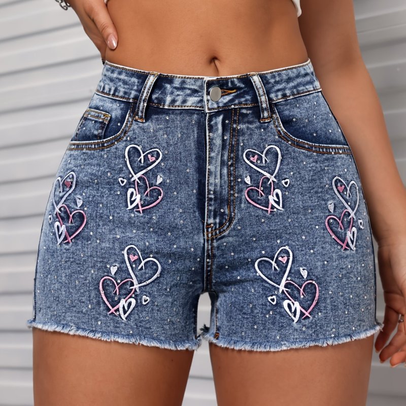 Heart Rhinestone Raw Hem Y2K Cute Distressed Slash Pocket Denim Shorts, Women's Denim Jeans & Clothing