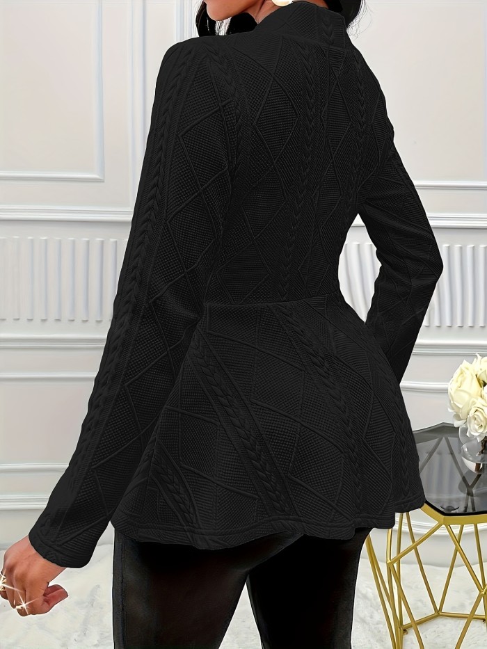 Chic Textured Jacket with Beaded Buttons - V-neck Elegance, Long Sleeves & Ruffled Hem - Perfect for Spring & Fall, Women's Fashion Essential