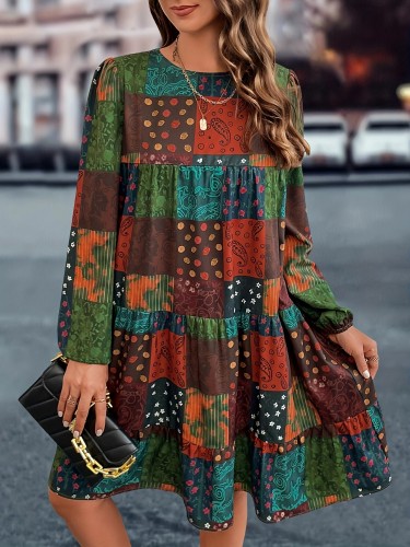 Plus Size Boho Chic Dress - Vibrant Patchwork Print with Flowy Lantern Sleeves - Round Neck, Loose Fit, Mini Dress for Women