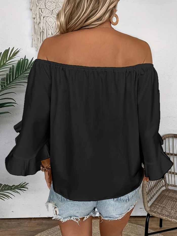 Flirty Ruffle Off-shoulder Blouse - Chic Knot Hem & Three-Quarter Sleeves - Perfect for Spring & Summer - Casual Womens Fashion