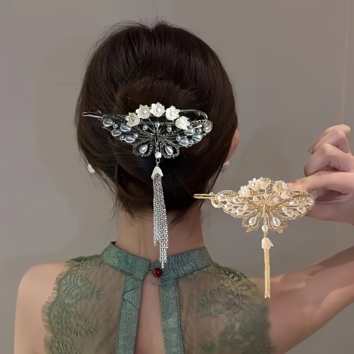 1pc Flowers Zinc Alloy Rhinestone Hair Clip, Chinese Style Tassel Girls Hair Accessories, Suitable For Daily Holiday