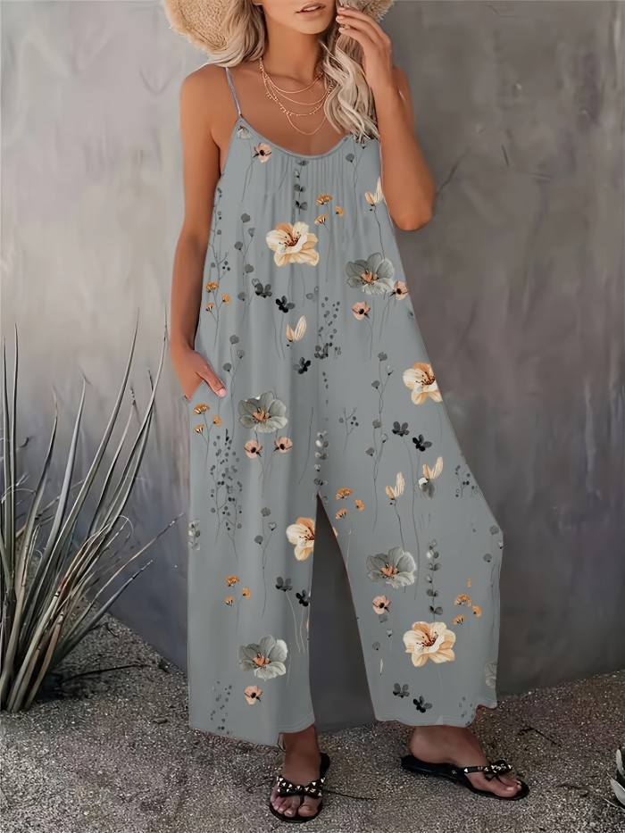Flirty Floral Cami Jumpsuit - Stylish & Comfortable Sleeveless Romper with Pockets - Perfect for Spring & Summer, Everyday Chic - Womens Fashion Must-Have