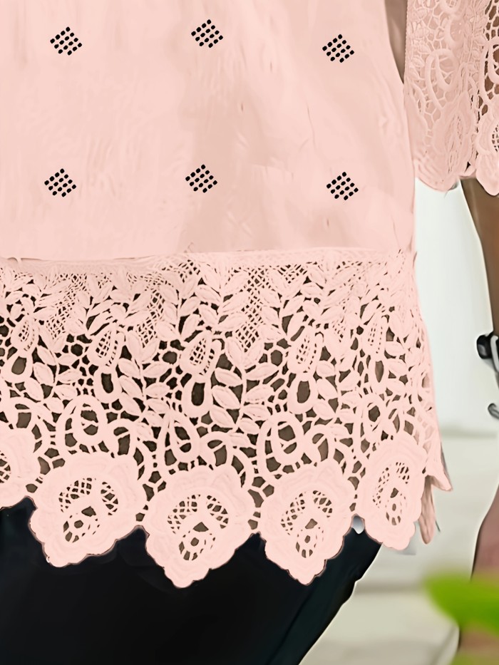 Chic Womens Lace-Trim Blouse - 3\u002F4 Sleeve & Round Neck Design - Perfect for Casual Occasions