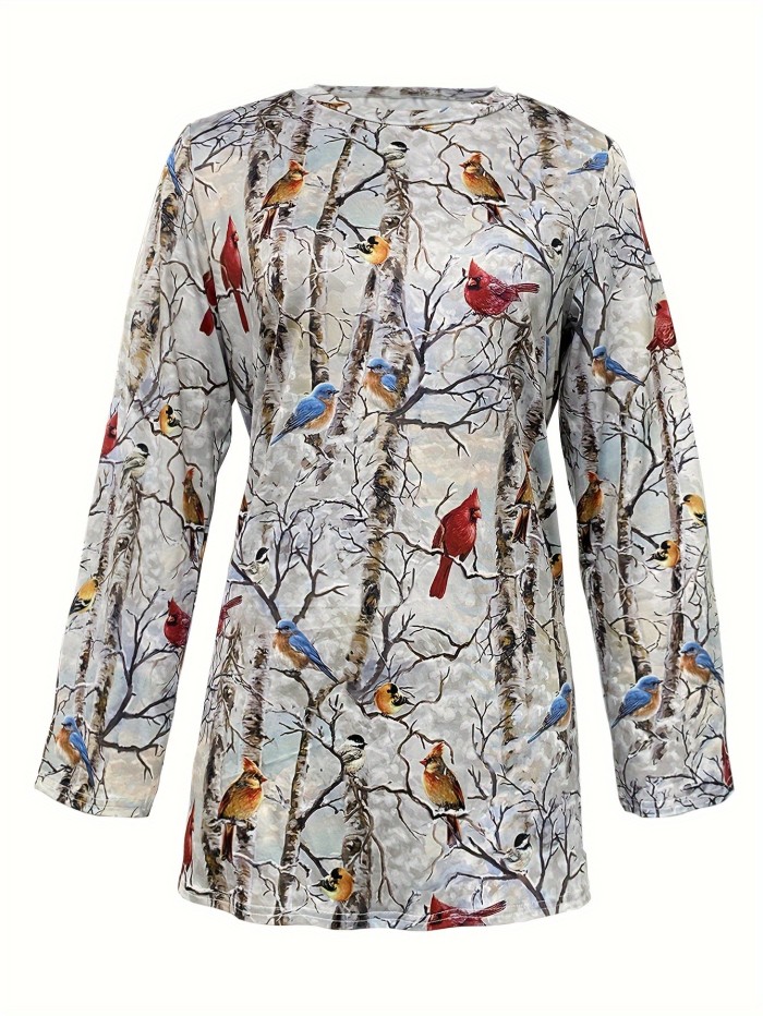 Birds Print Crew Neck T-Shirt, Casual Long Sleeve T-Shirt For Spring & Fall, Women's Clothing
