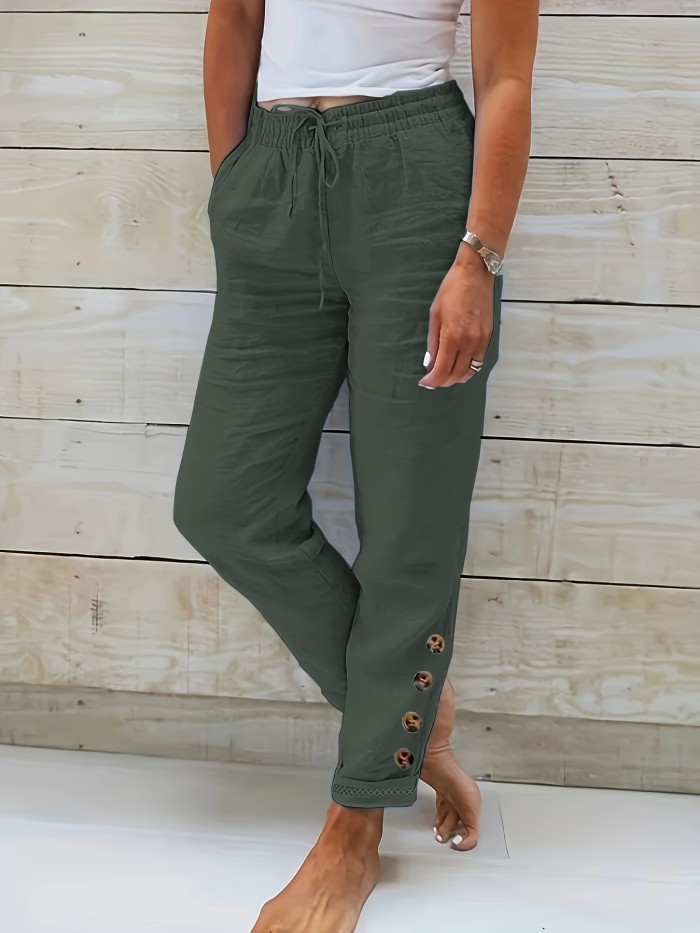 Womens Soft Cotton Blend Drawstring Pants - Trendy Solid Color, Slant Pocket with Button Accent - Comfortable Casual Wear